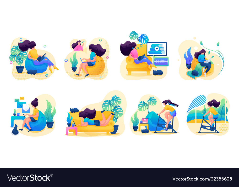 Girls at home are engaged in sports study work Vector Image