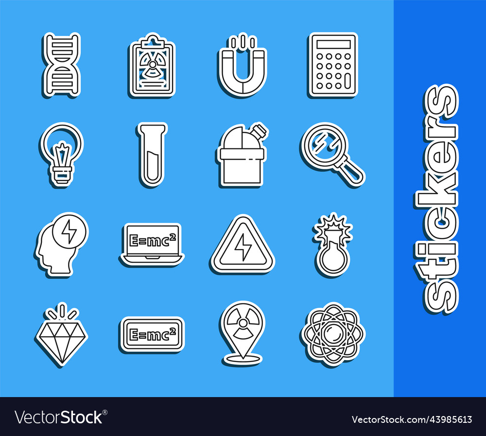 Set line atom test tube and flask magnifying vector image Set line atom test tube and flask magnifying