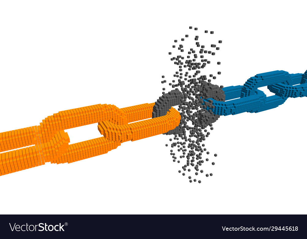 Broken voxel chain blockchain concept 3d vector image Broken voxel chain blockchain concept 3d