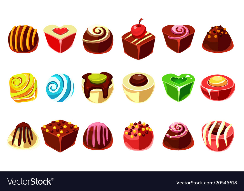 Flat set of tasty candies with various