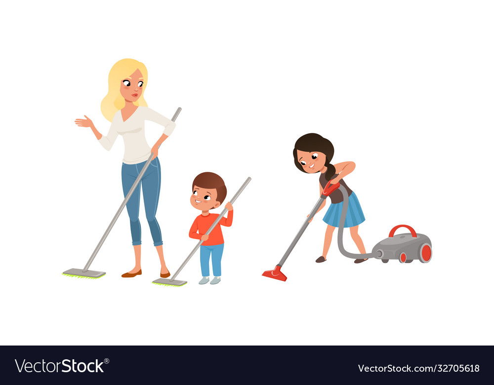 Happy parents and kids doing housework together vector image Happy parents and kids doing housework together
