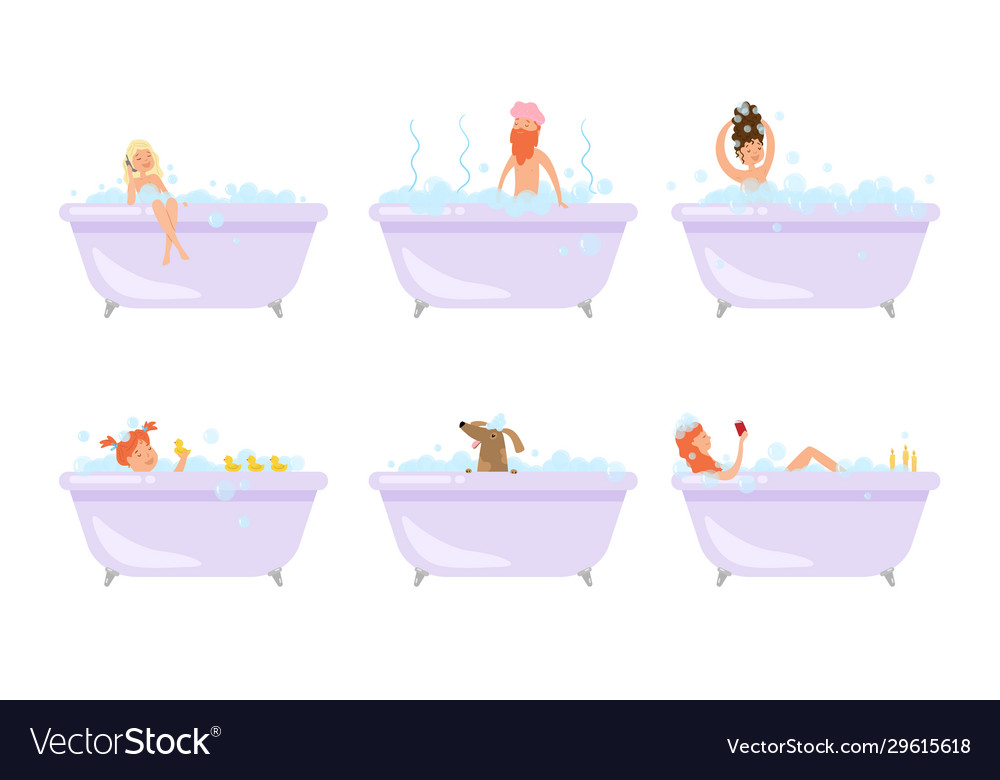 Men women and dog taking bath relaxing