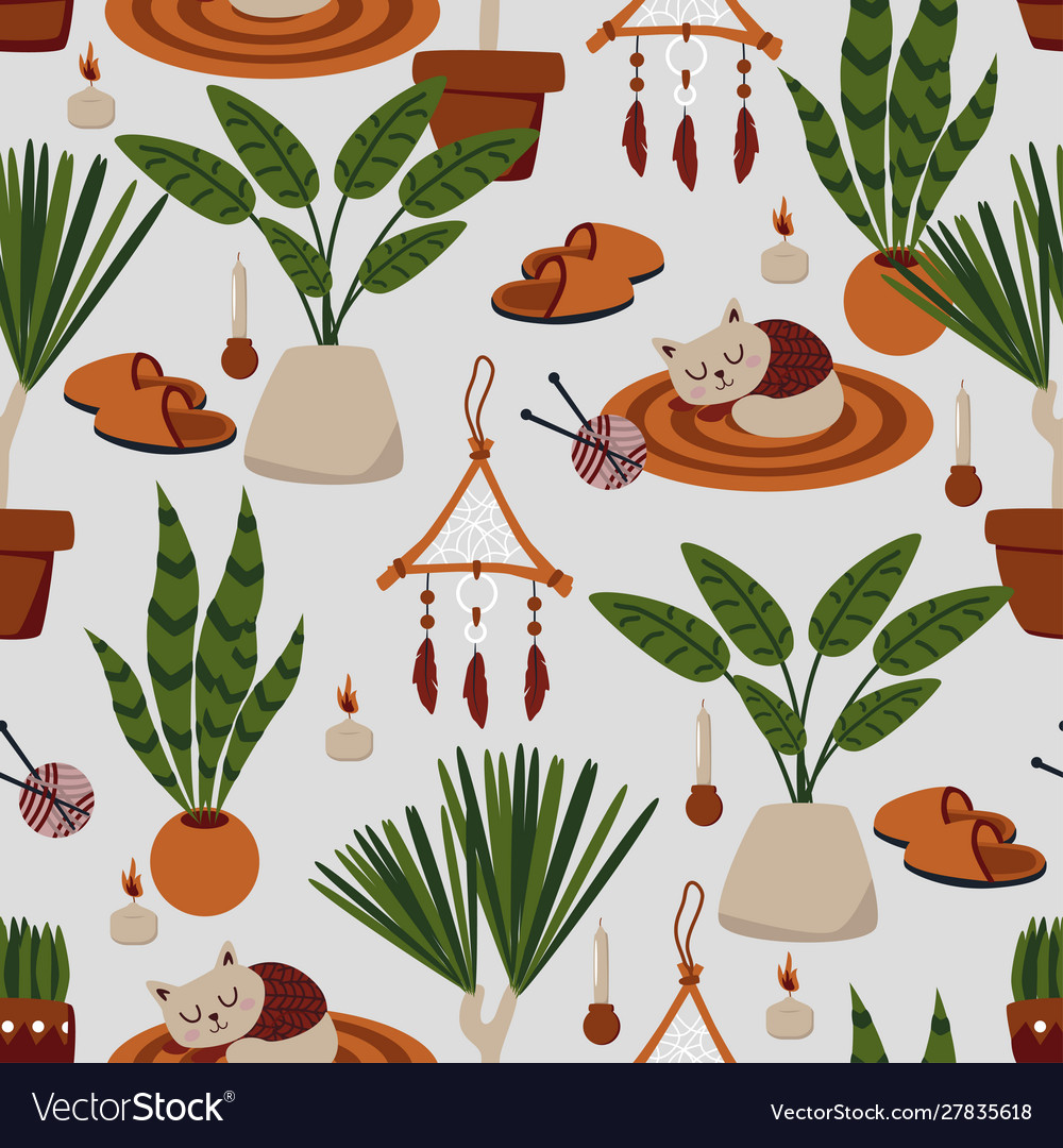 Seamless pattern with flowerpot and cat vector image Seamless pattern with flowerpot and cat