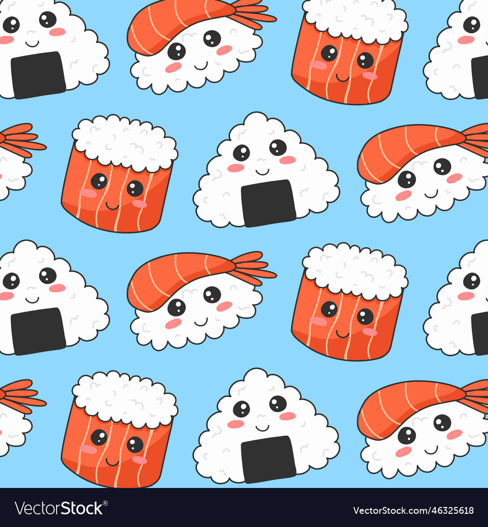 Seamless pattern with sushi in kawaii style vector image Seamless pattern with sushi in kawaii style