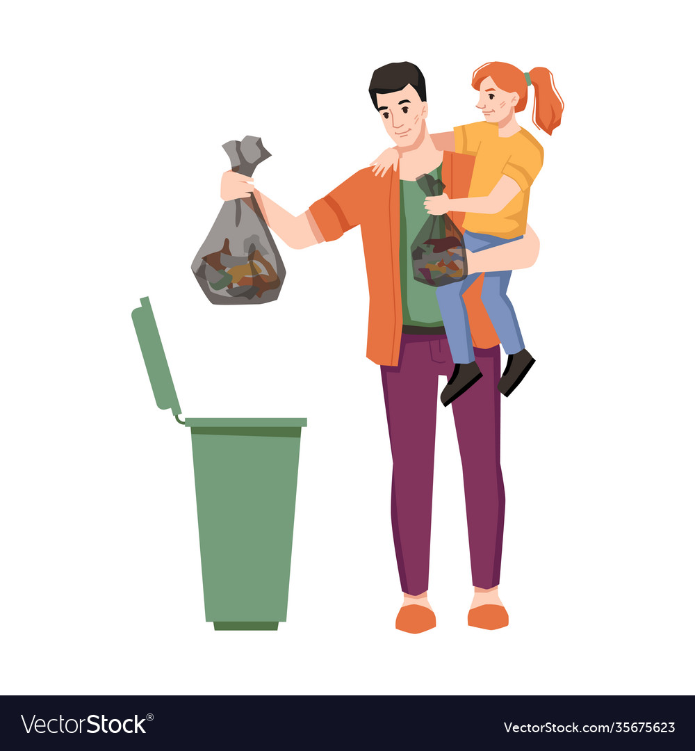 Dustbin father and daughter throw garbage in trash