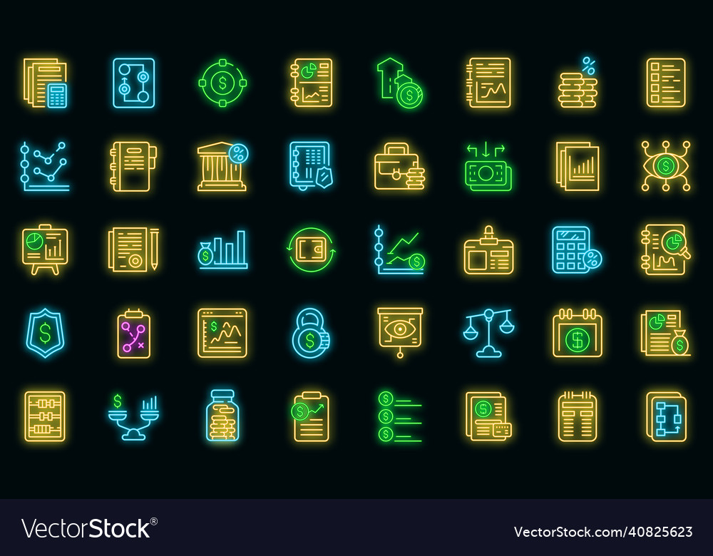 Financial planning icons set neon