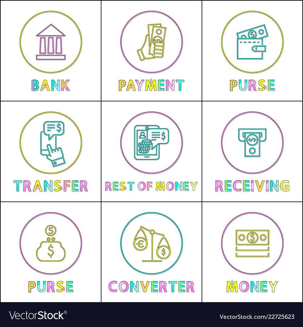 Purse With Payment And Money Converter Color Cards Purse With Payment And Money Converter Color Cards Vector Image