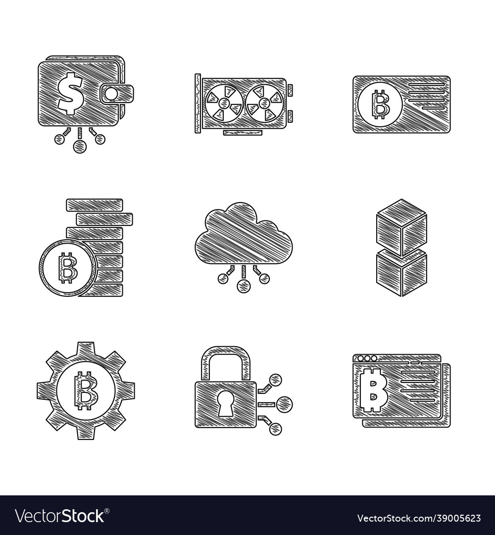 Set cryptocurrency cloud mining lock with bitcoin vector image Set cryptocurrency cloud mining lock with bitcoin