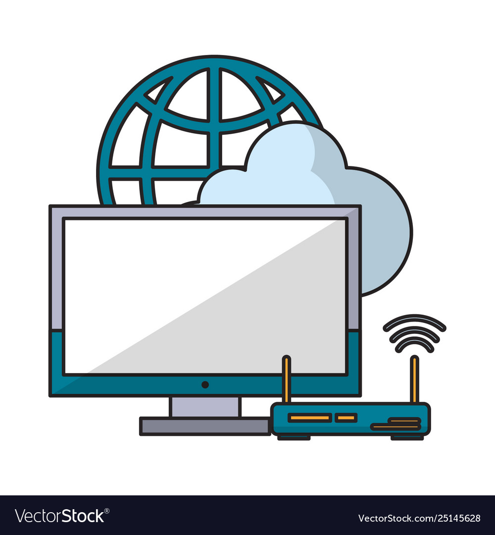 Computer with router and globe vector image Computer with router and globe