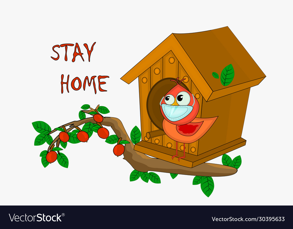 Stay at home slogan bird with mask and birdhouse