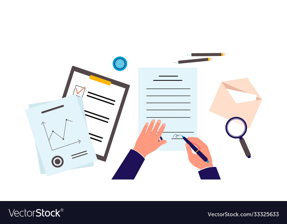View table with hands signing contract flat