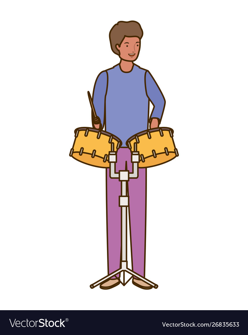 Young man with timpani on white background