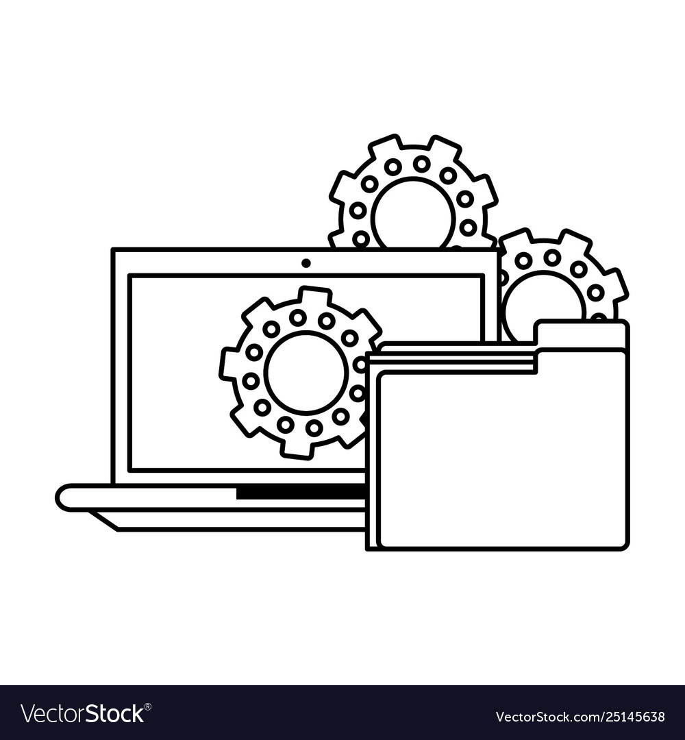 Computer with documents folder in black and white vector image Computer with documents folder in black and white
