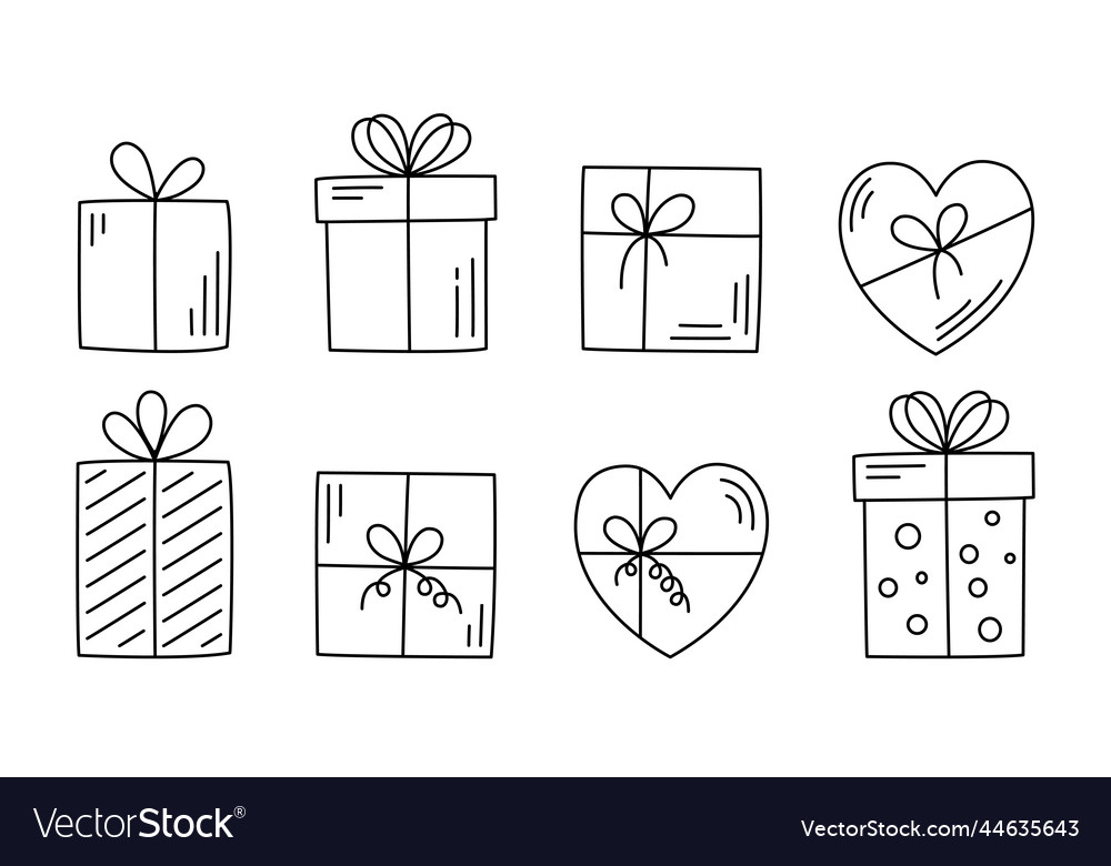 Doodle christmas line gift box collection isolated