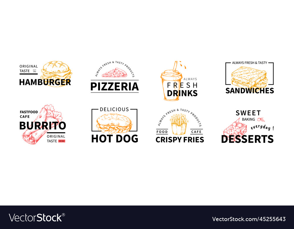 Fast food sketch logo hand drawn pizza and burger Vector Image