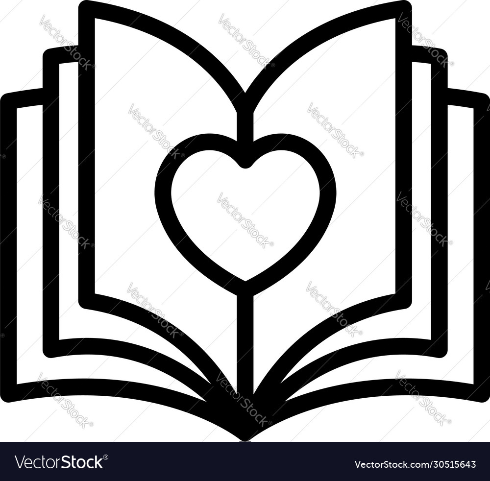 Open book and heart icon outline style Royalty Free Vector