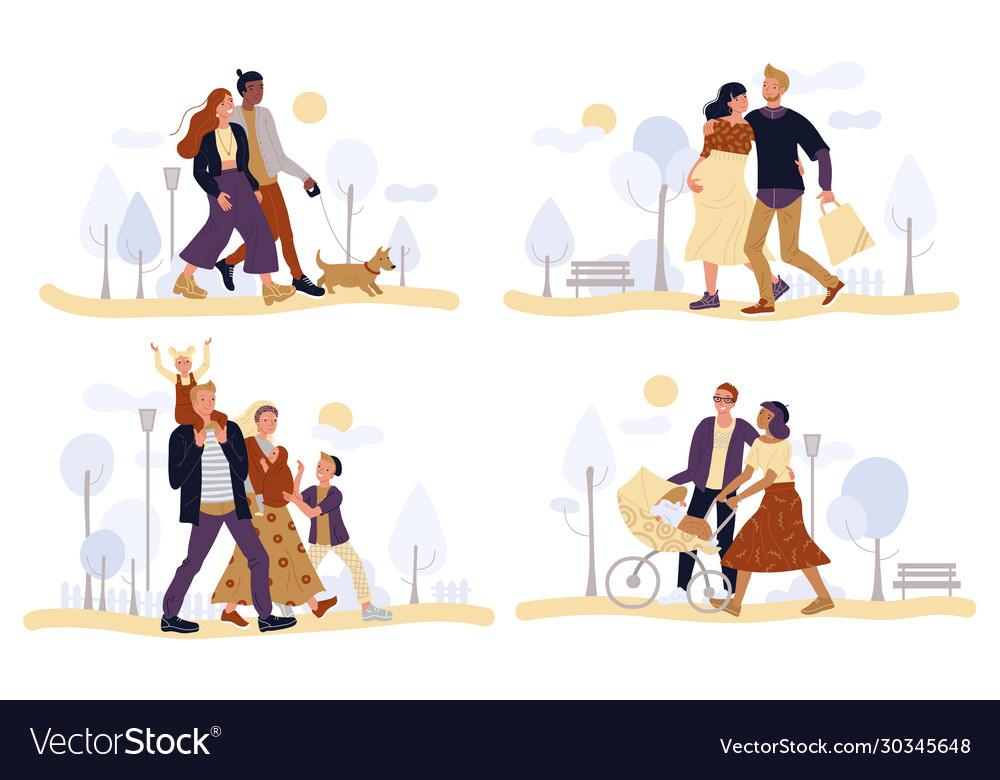 Couples families walking park vector image Couples families walking park