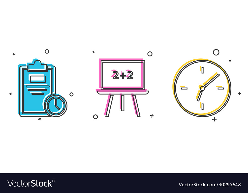Set exam sheet with clock chalkboard vector image Set exam sheet with clock chalkboard