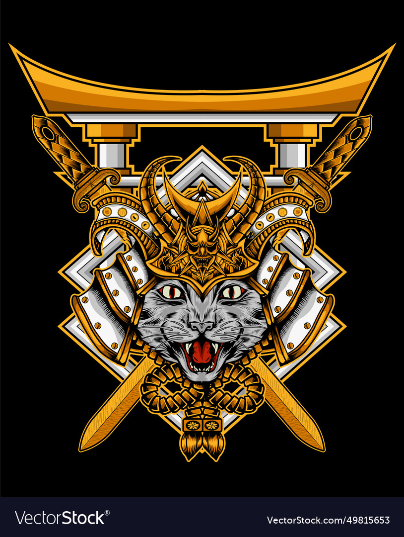 Cat samurai head with torii gate
