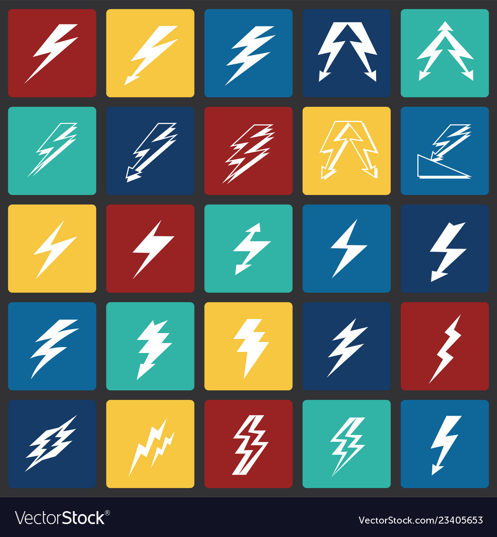 Lightning icon set on color squares background