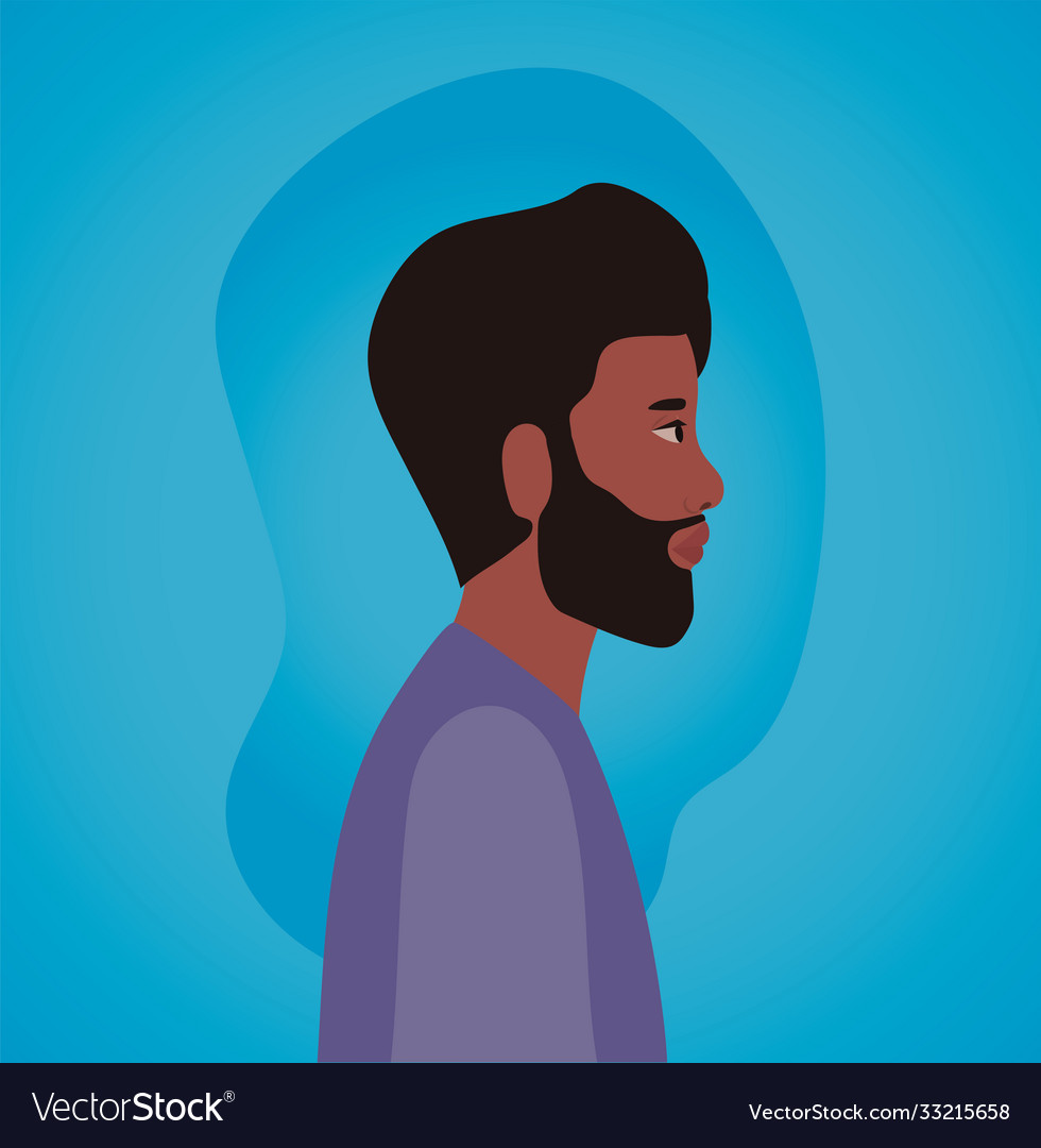 Black man cartoon with beard in side view on blue