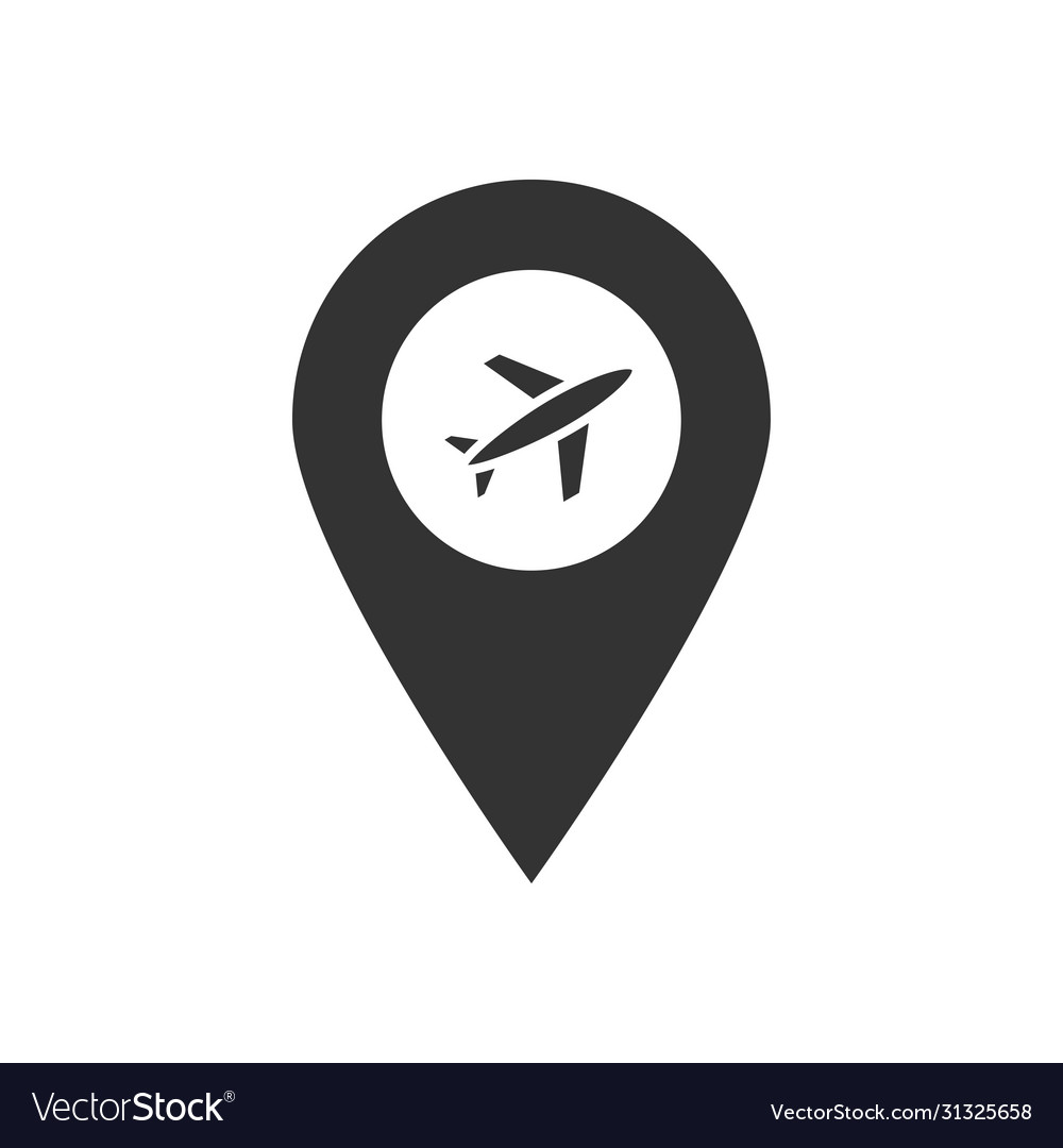 Map pointer pin with plane simple black icon vector image Map pointer pin with plane simple black icon