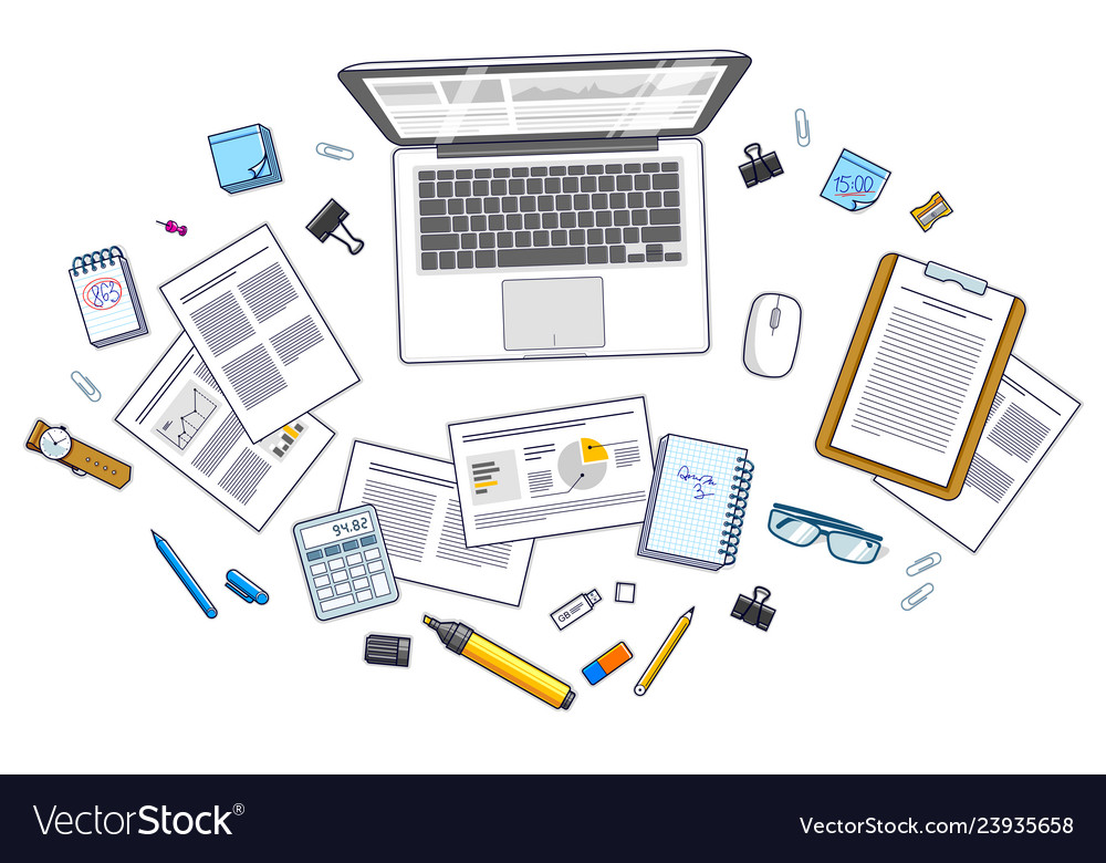 Office desk workspace top view with pc notebook vector image Office desk workspace top view with pc notebook