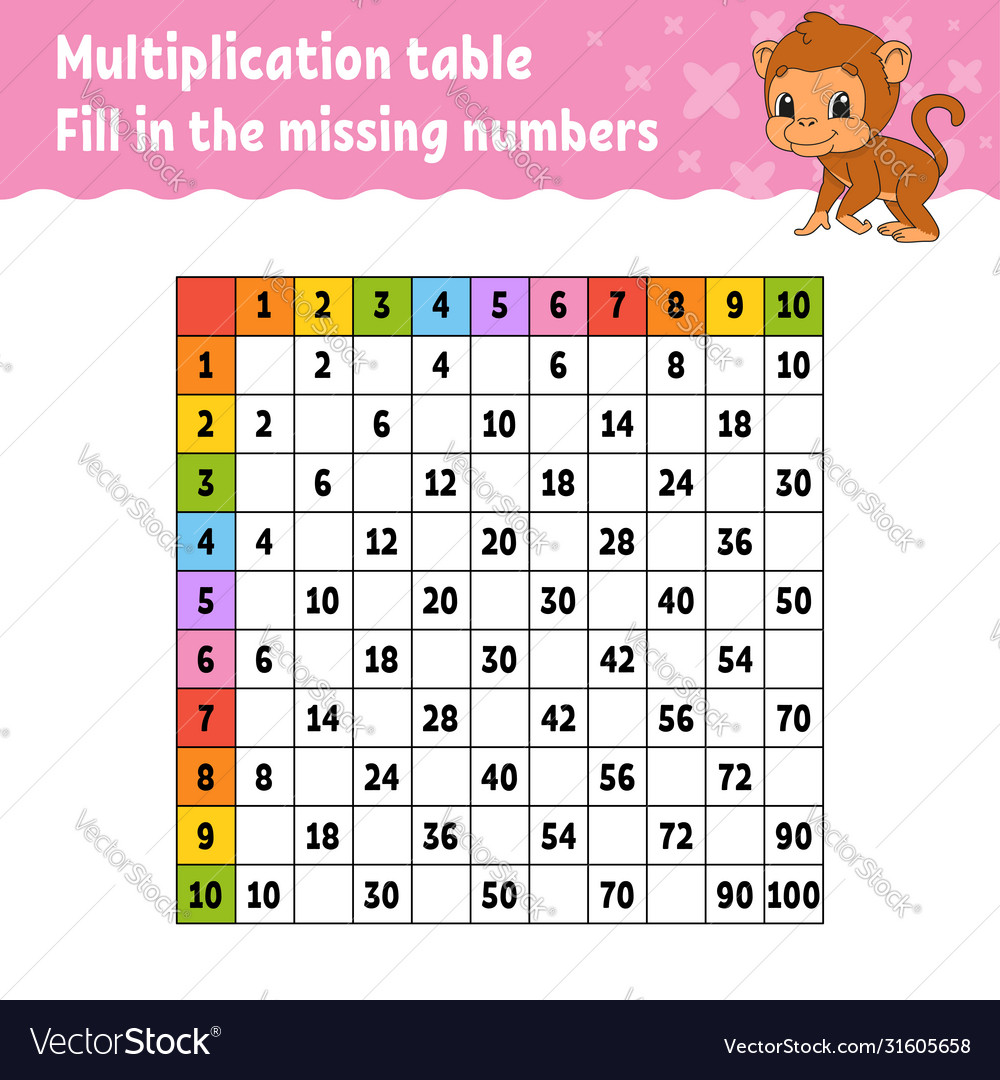 Paste missing numbers learning multiplication vector image Paste missing numbers learning multiplication