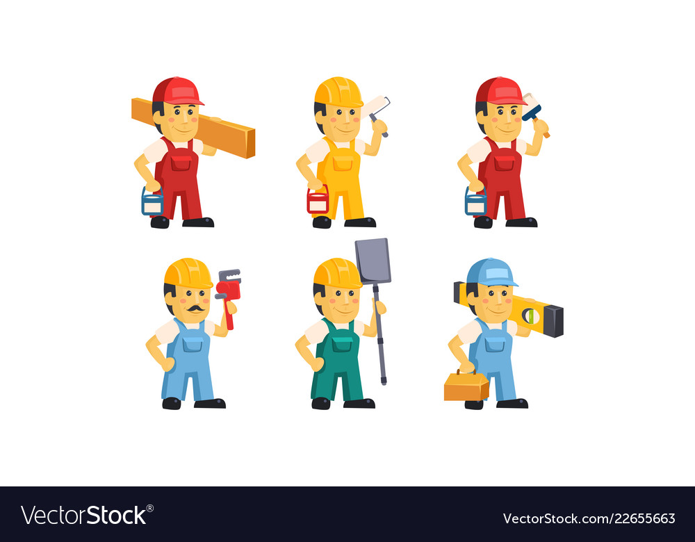 Builder workers in overalls with different tools vector image Builder workers in overalls with different tools