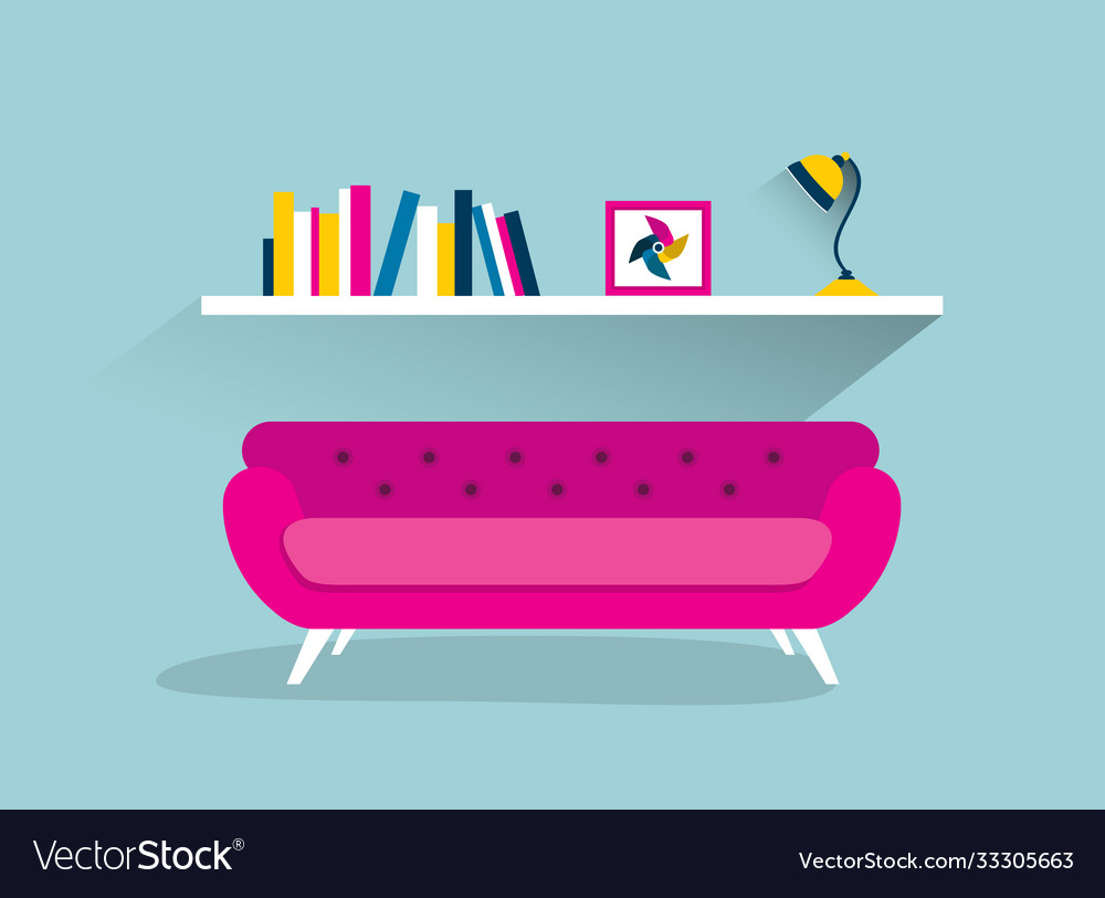 Retro sofa and book shelf with lamp flat design