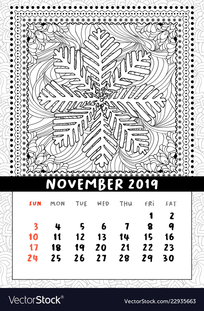 Snowflake Färbung Buchseite Kalender November vector image Snowflake Färbung Buchseite Kalender November