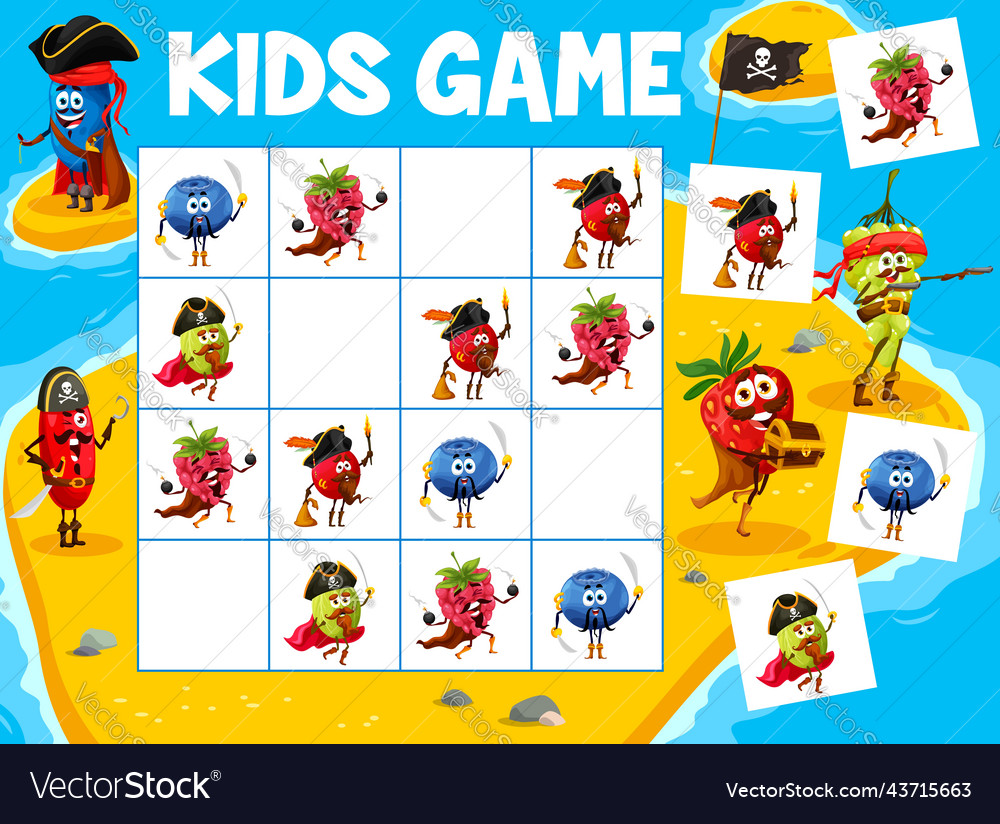 Sudoku kids game cartoon berry pirates on island Vector Image