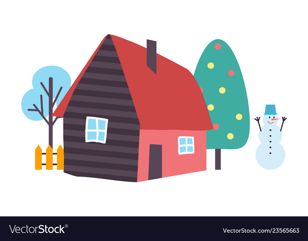 Tree and house snowman nature view