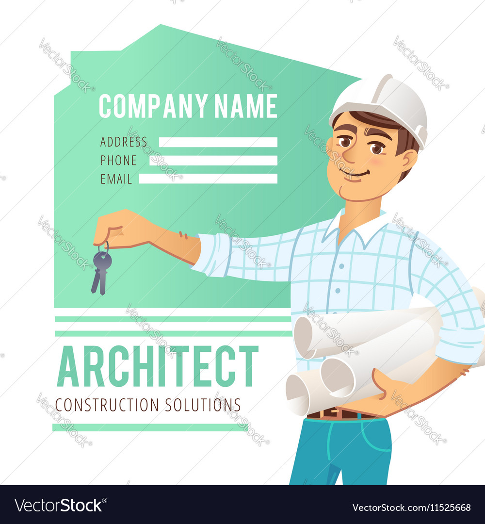 Architect in helmet with blueprints and keys