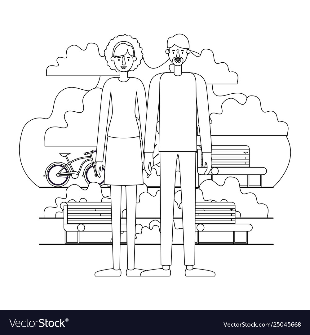 Couple characters in park with bicycle