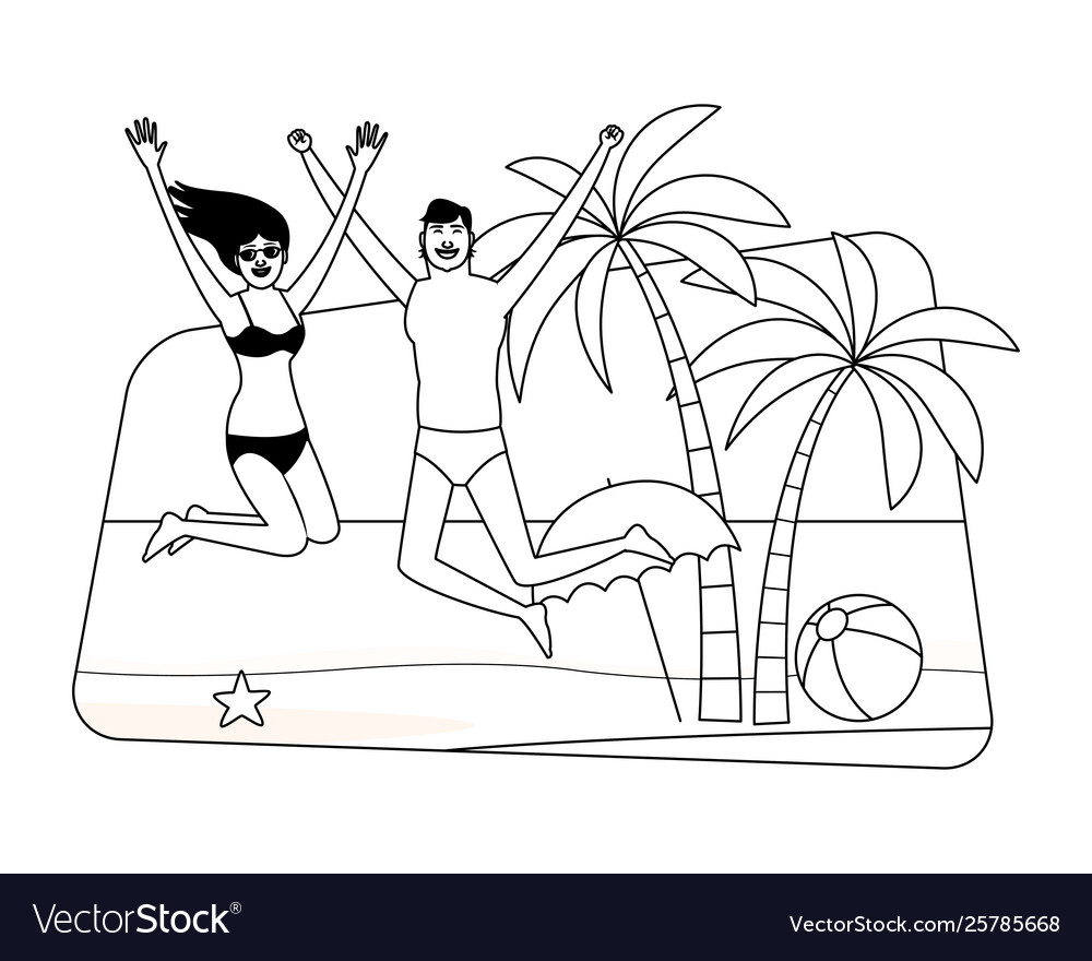 Happy couple in summer cartoons black and white