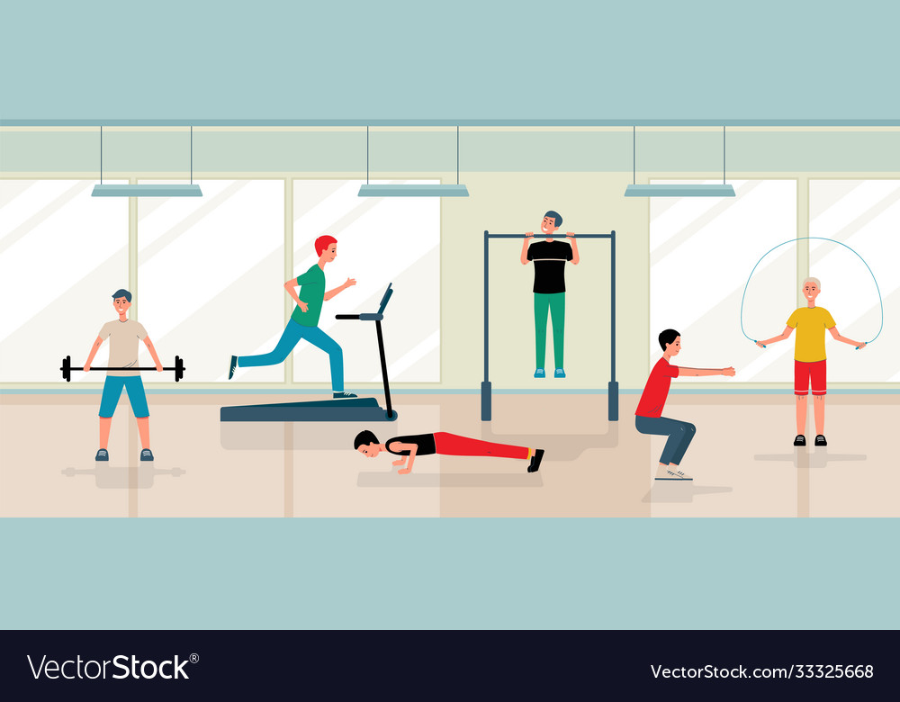 Men doing exercises and training in gym - flat