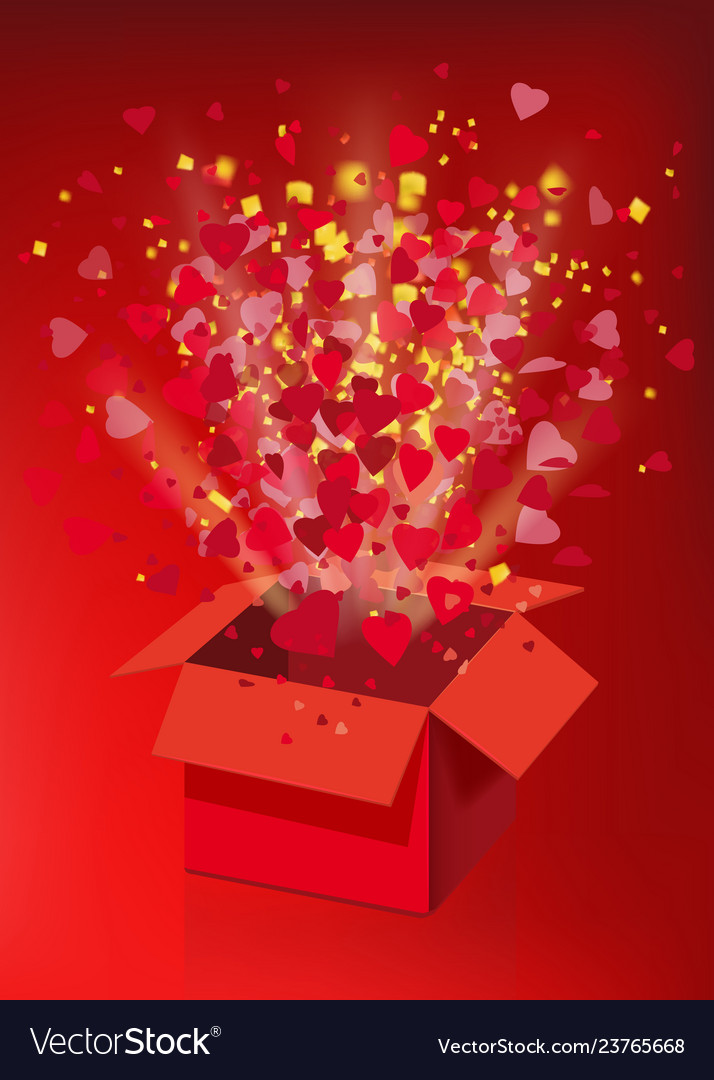 Open explosion red gift box fly hearts