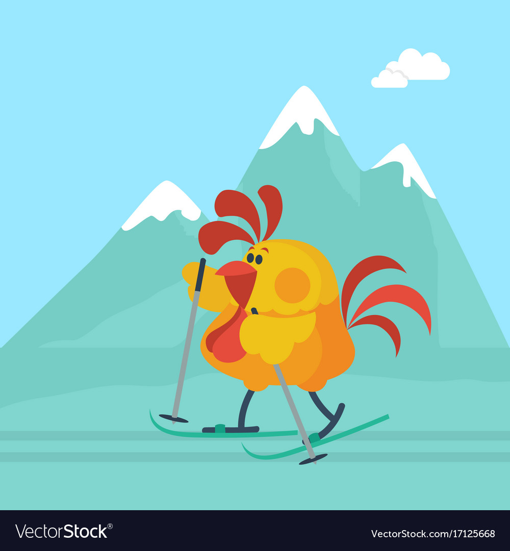 Rooster skiing in mountains cartoon flat