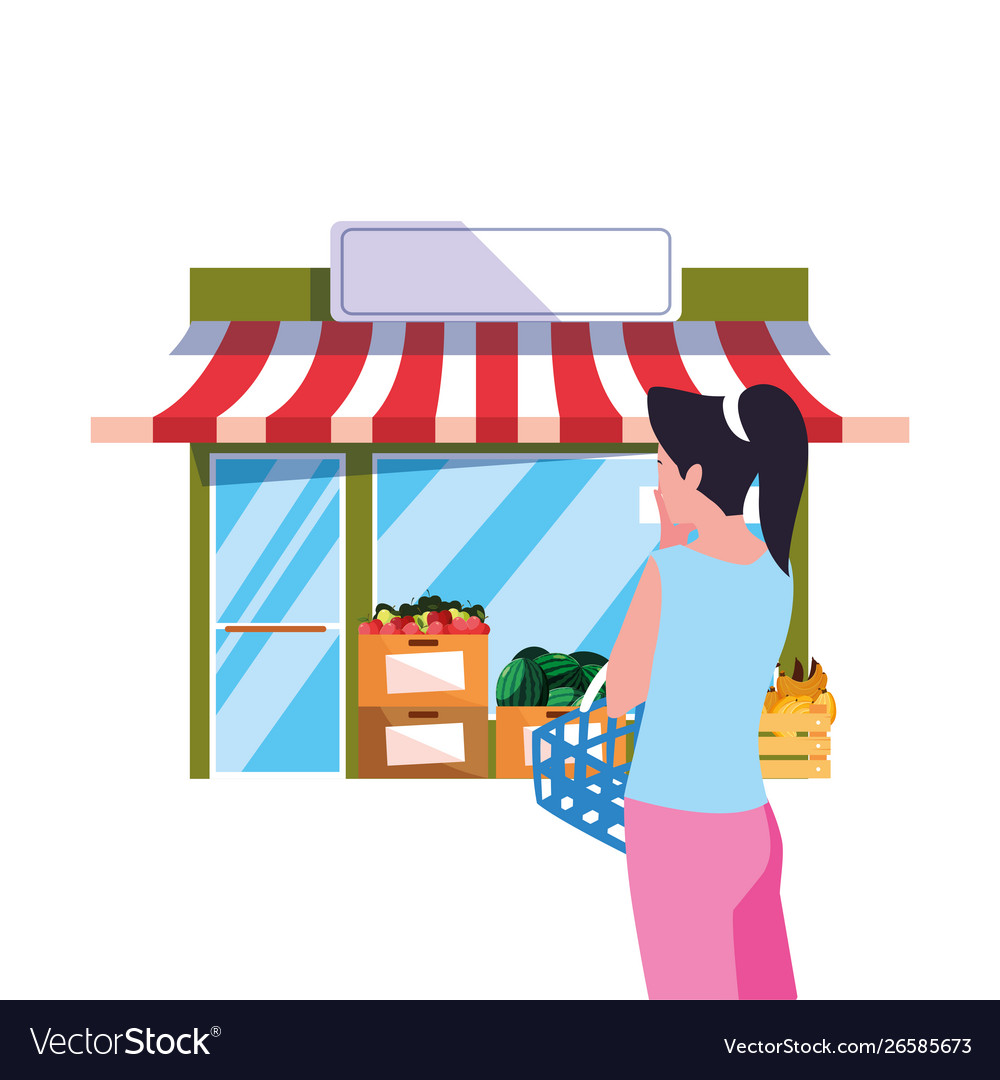 Customer woman with basket front grocery shop Vector Image