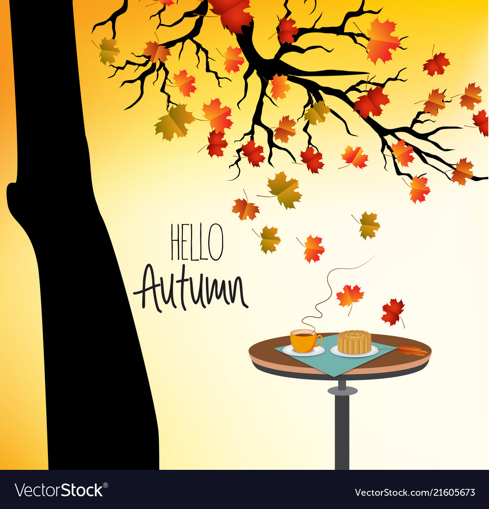 Hello autumn with a cup of hot drink on the table