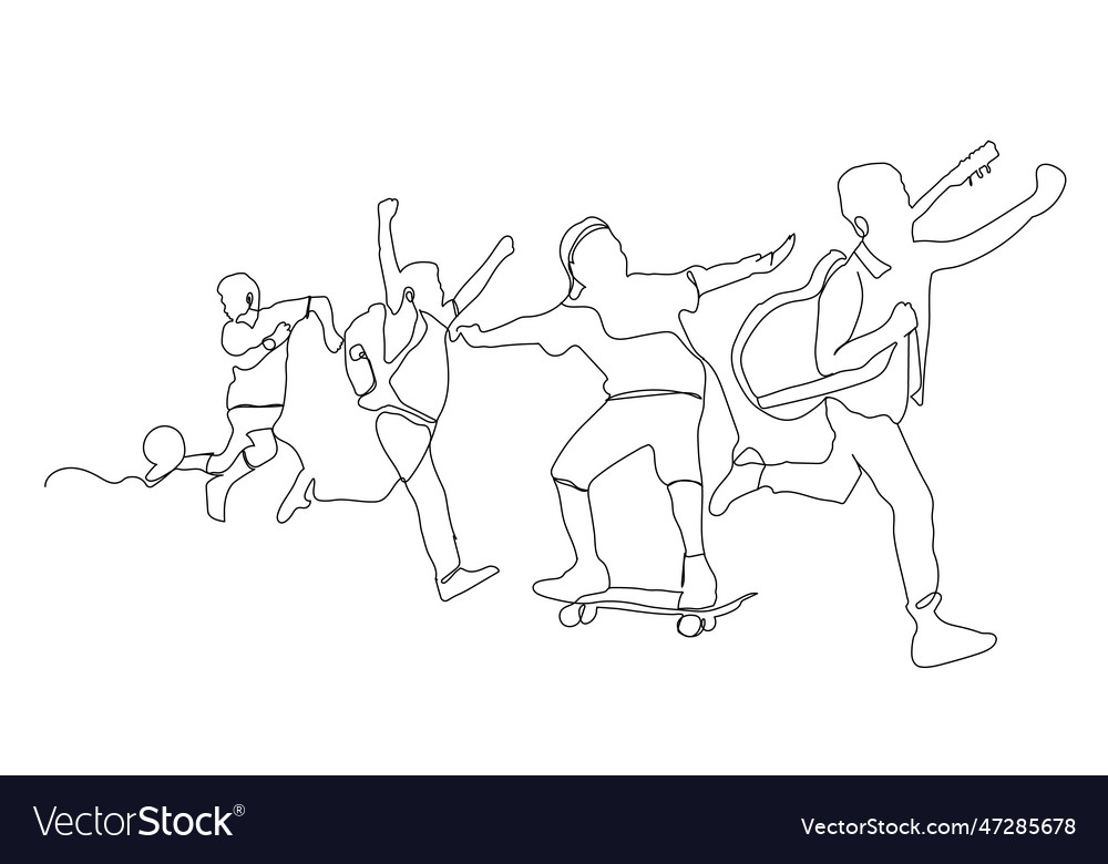 Continuous line drawing of four jumping happy kids