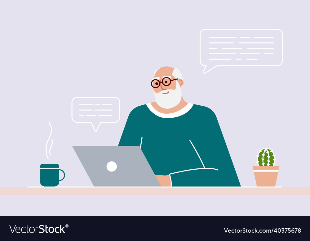 Senior man studies and teaches modern technologies vector image Senior man studies and teaches modern technologies