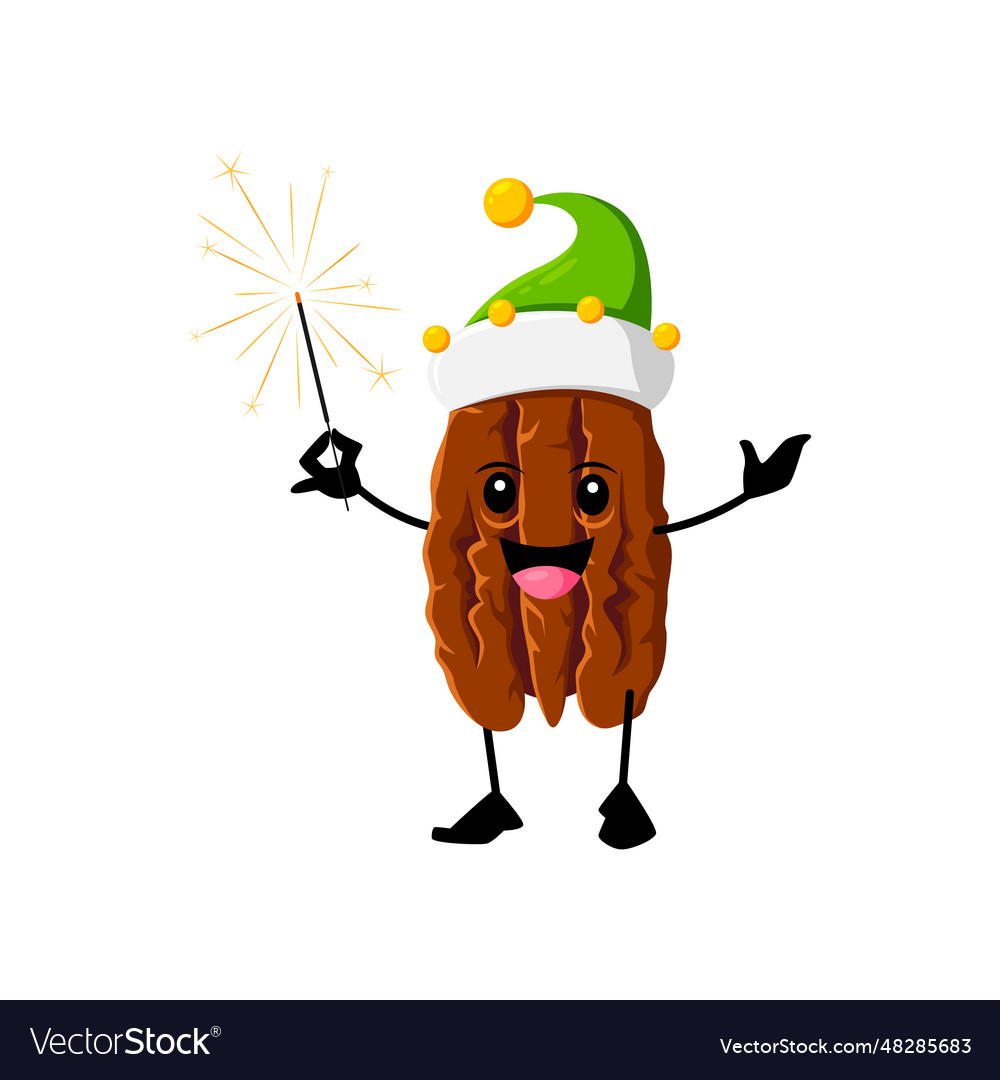 Cartoon christmas pecan character with a sparkler