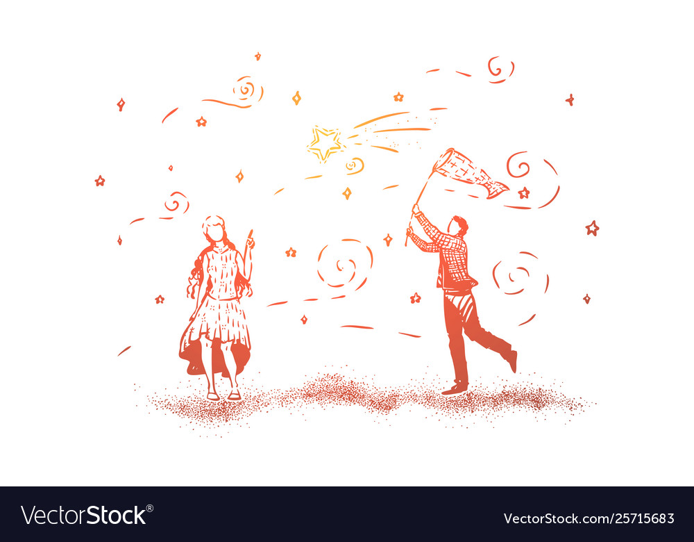 Cute couple standing together man catching stars