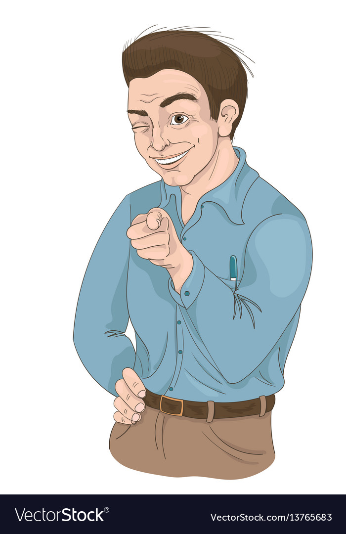 Man with squinty eye pointing finger and smiling