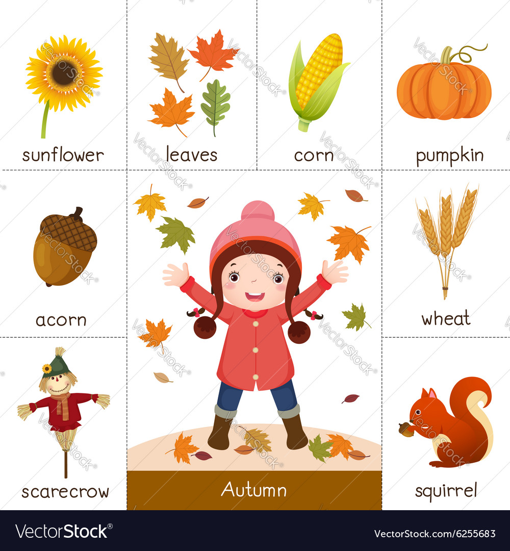 Printable flash card for autumn and little girl Vector Image