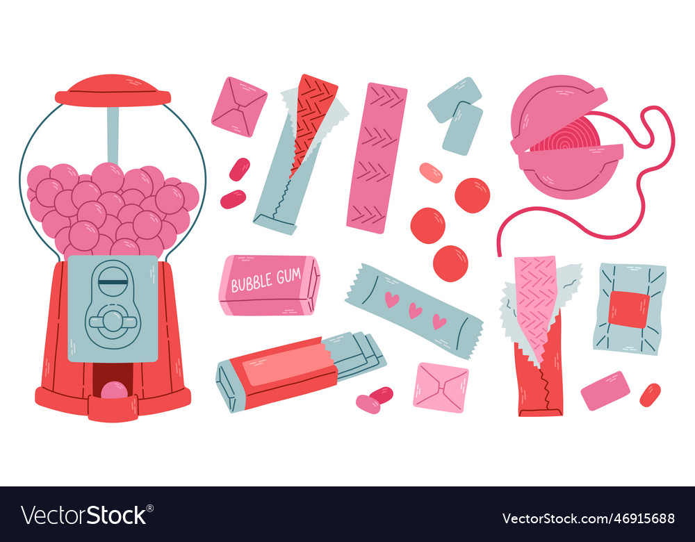 Bubble gum set isolated pink in foil Royalty Free Vector