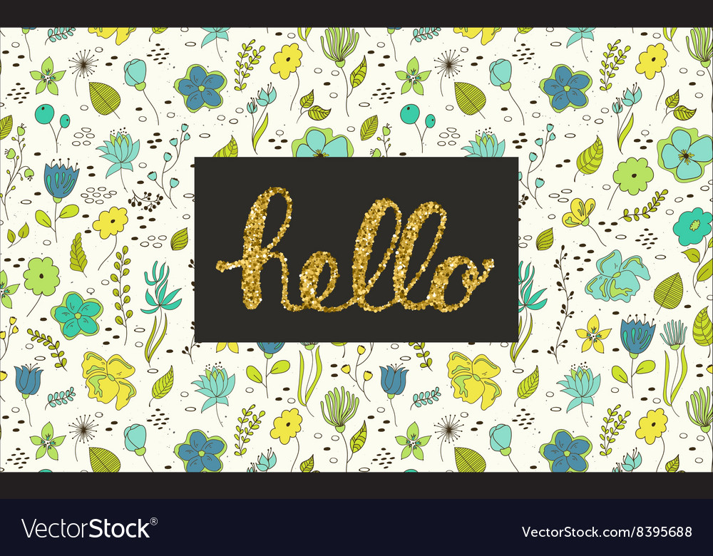 Hello lettering with floral doodles on background