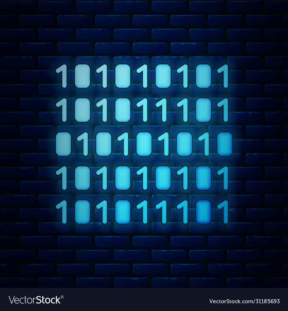 Glowing neon binary code icon isolated on brick vector image Glowing neon binary code icon isolated on brick